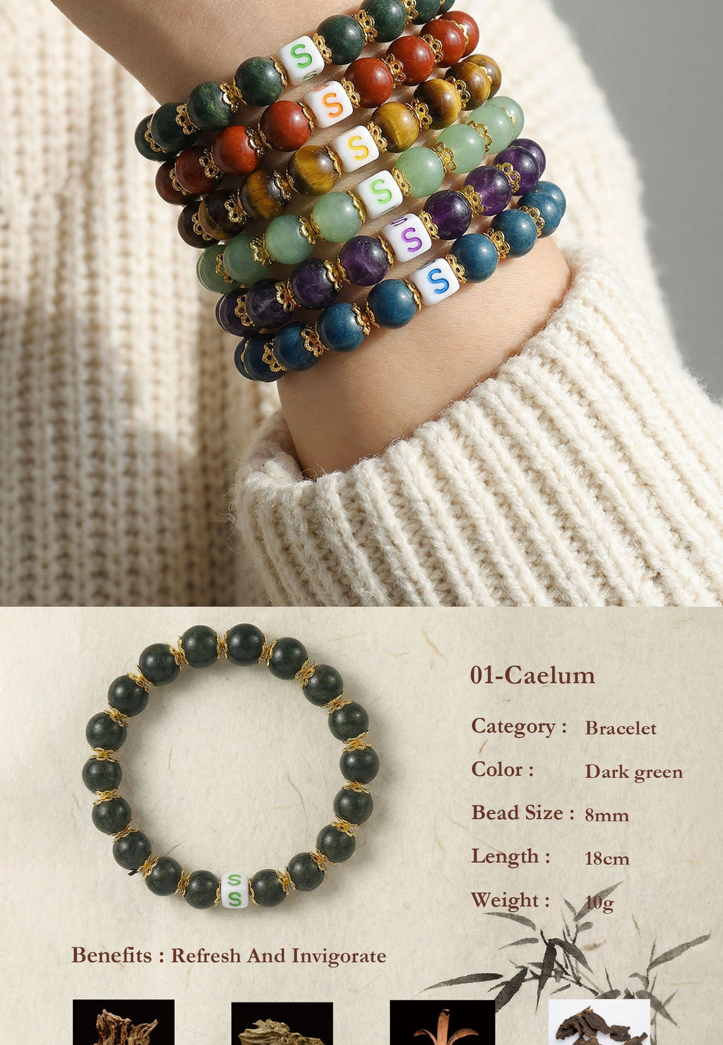 Colorful beaded bracelets with letter beads held by a person wearing a white sweater, with product details displayed below.