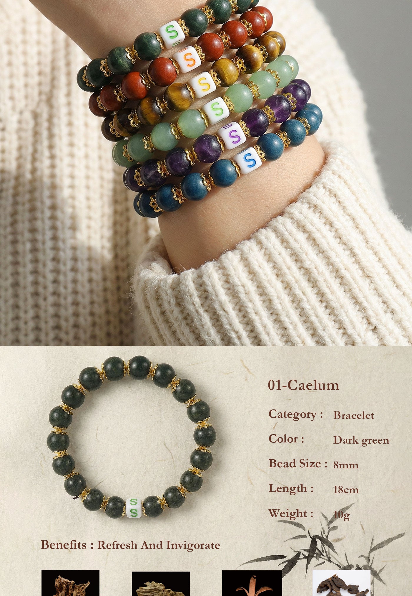 Colorful beaded bracelets with letter beads held by a person wearing a white sweater, with product details displayed below.