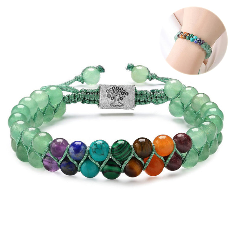 Multicolored beaded bracelet with a silver clasp on a white background