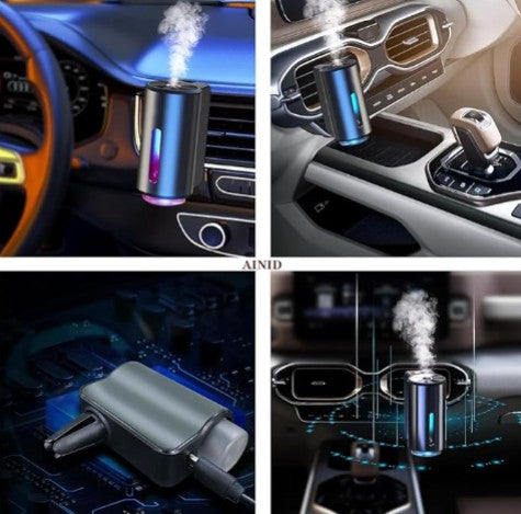 Car air freshener with different installation views in a car interior.