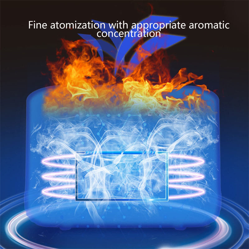 Illustration of an electronic device with flames and text about atomization and aromatic concentration.