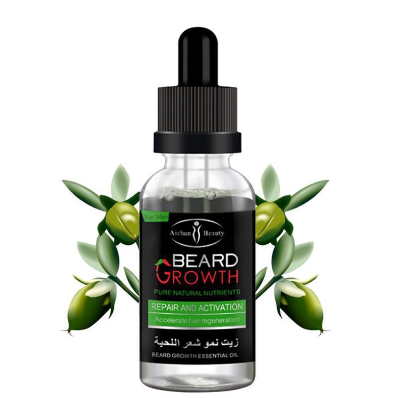 Bottle of beard growth essential oil with olive branches on a white background