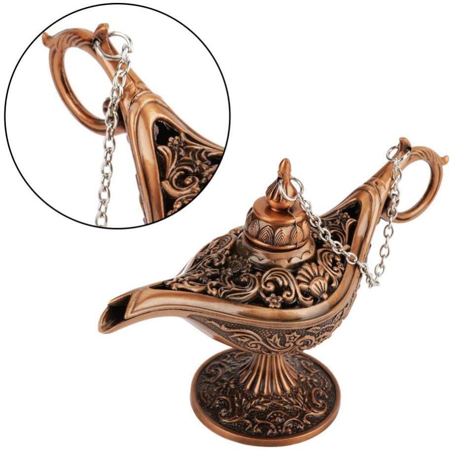 Decorative bronze lamp with intricate designs and chains on a white background