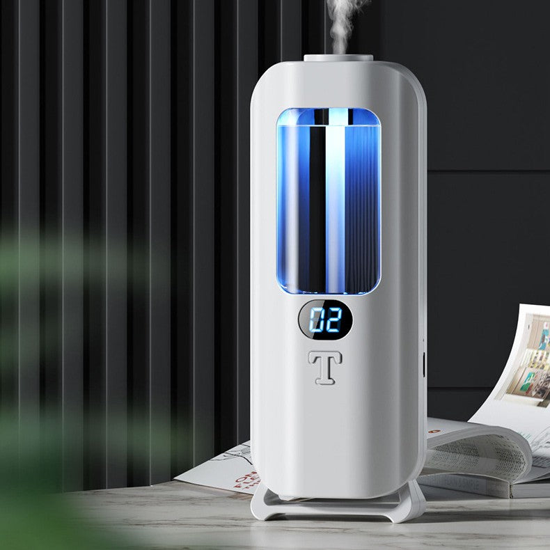 White humidifier with digital display on a wooden surface