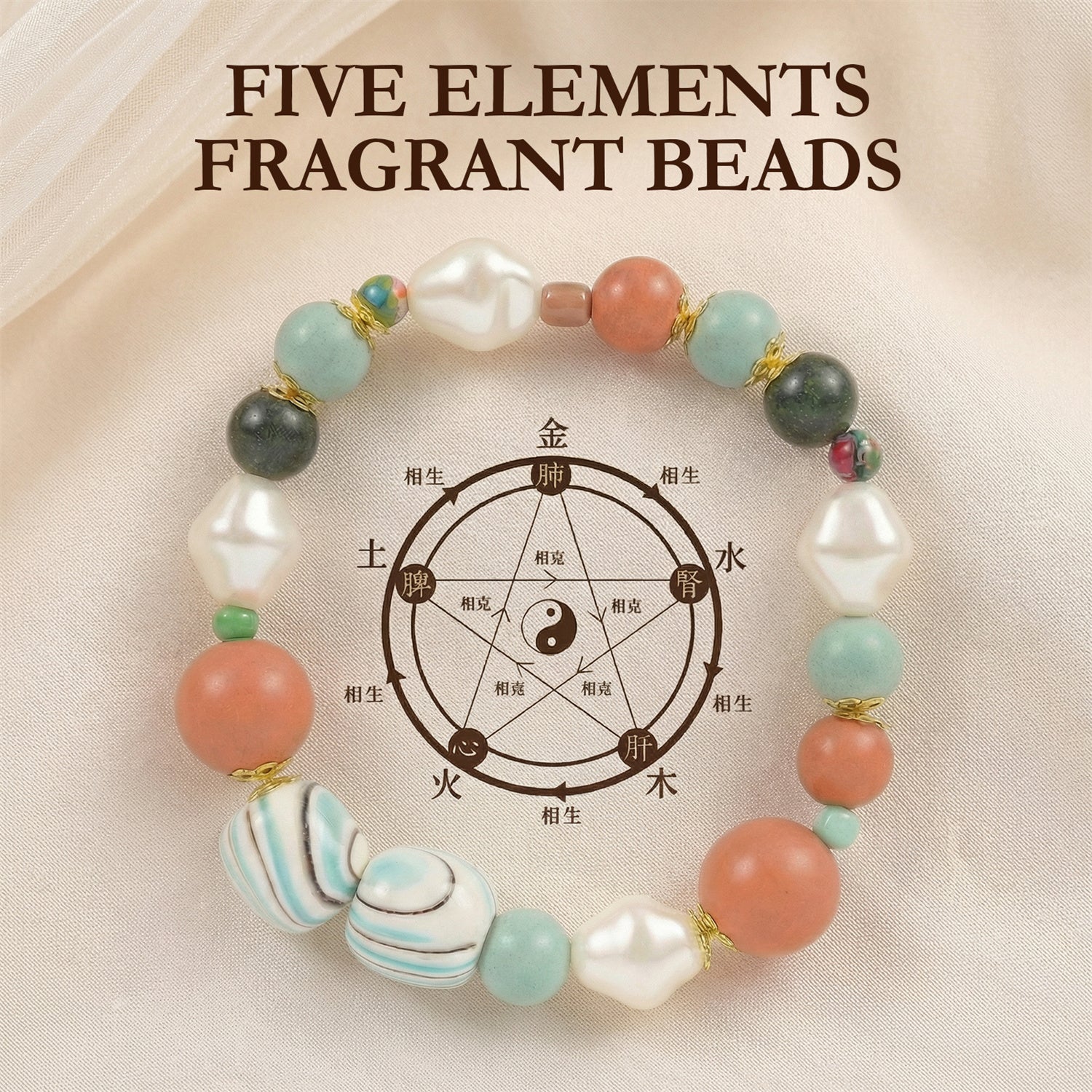 Five Elements Fragrant Beads bracelet with a yin yang symbol on a beige background