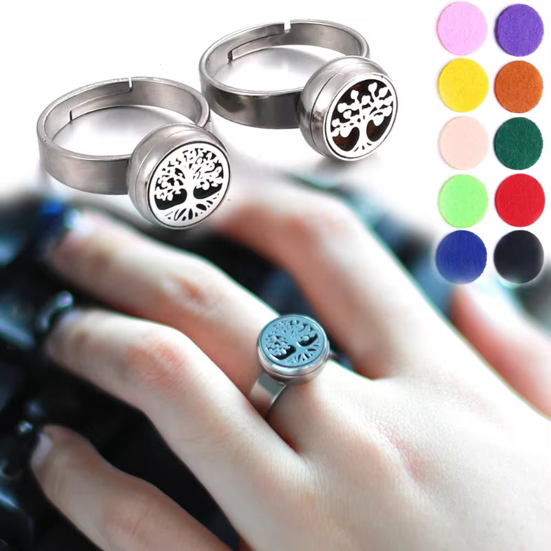 Silver tree-of-life ring on a hand with color swatches in the corner