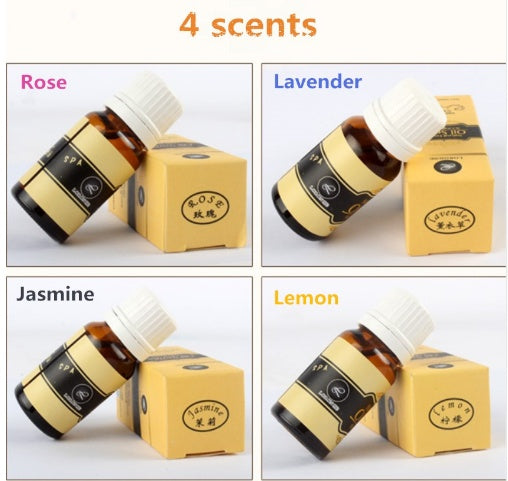 Four scents of essential oils with corresponding bottles and boxes on a white background.
