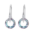 Pair of earrings with circular design and gemstones on a white background