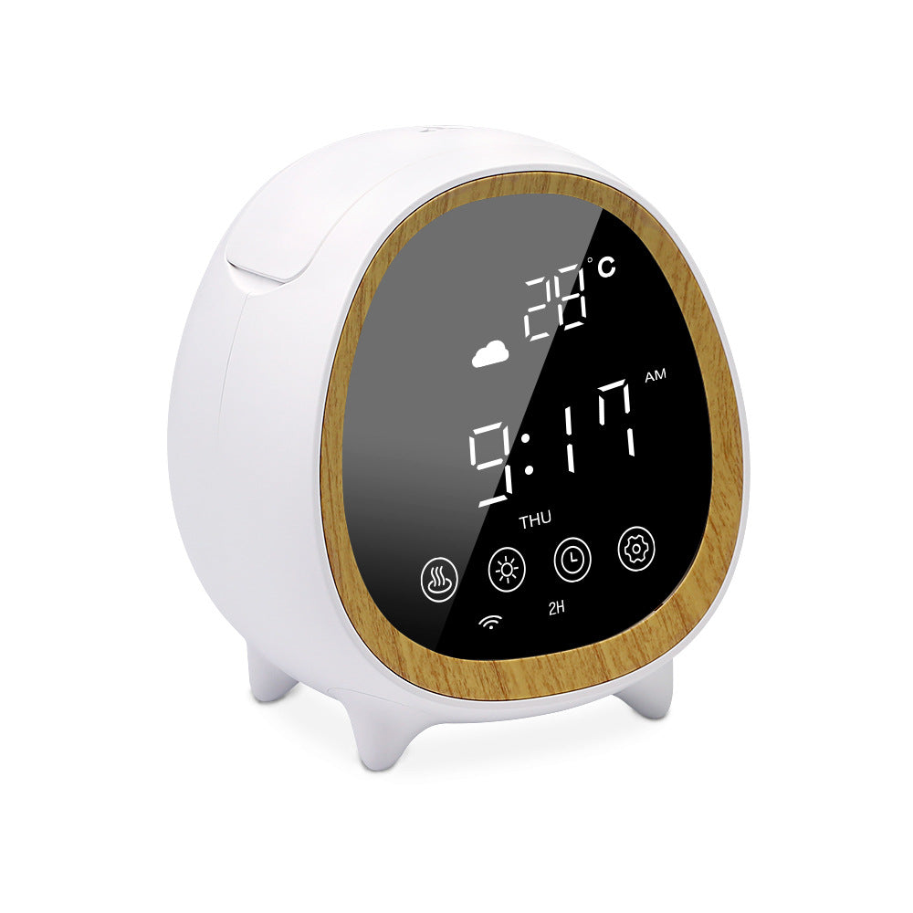 White and wooden digital clock with temperature and time display on a white background