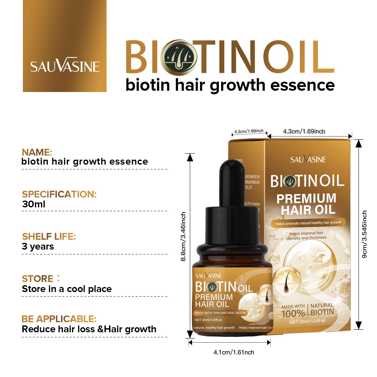 Biotin oil product with packaging and specifications on a white background