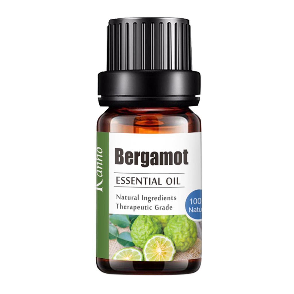 Bottle of Bergamot essential oil with a white background