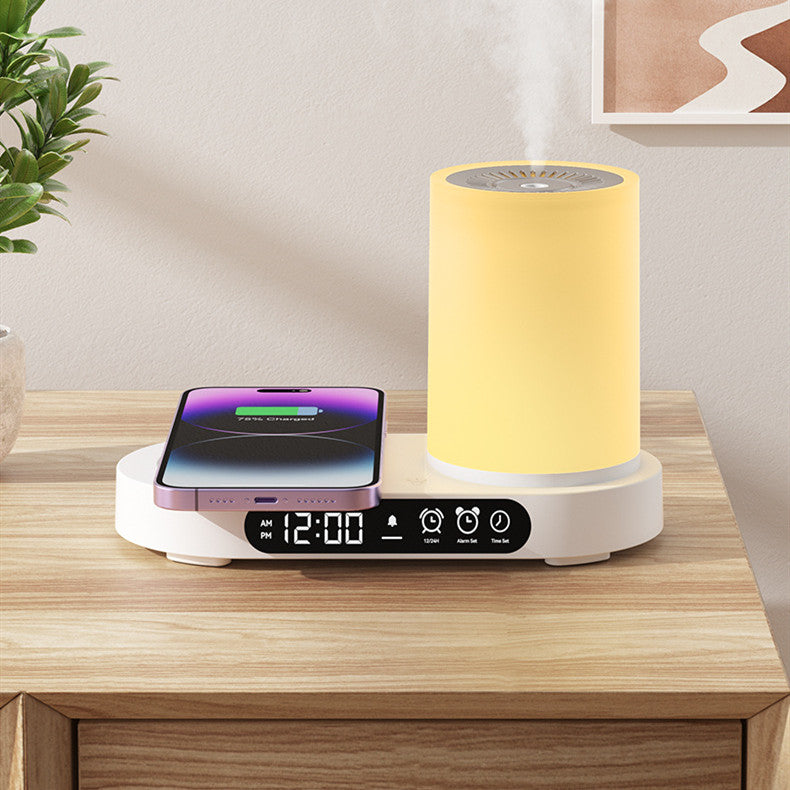 Yellow lamp with digital clock and phone charging pad on a wooden surface.