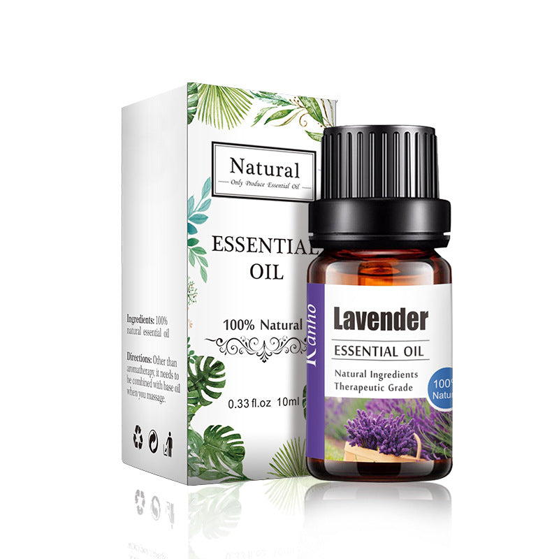 Lavender essential oil bottle with packaging on a white background