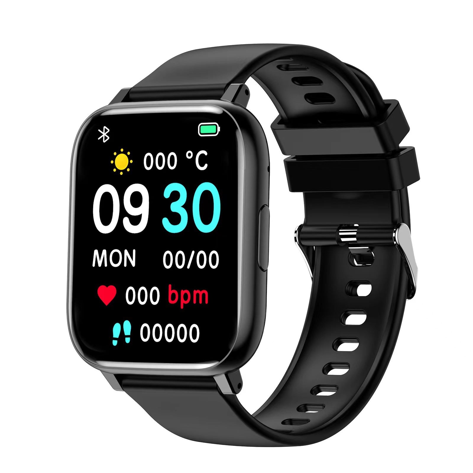 Black smartwatch with a digital display on a white background