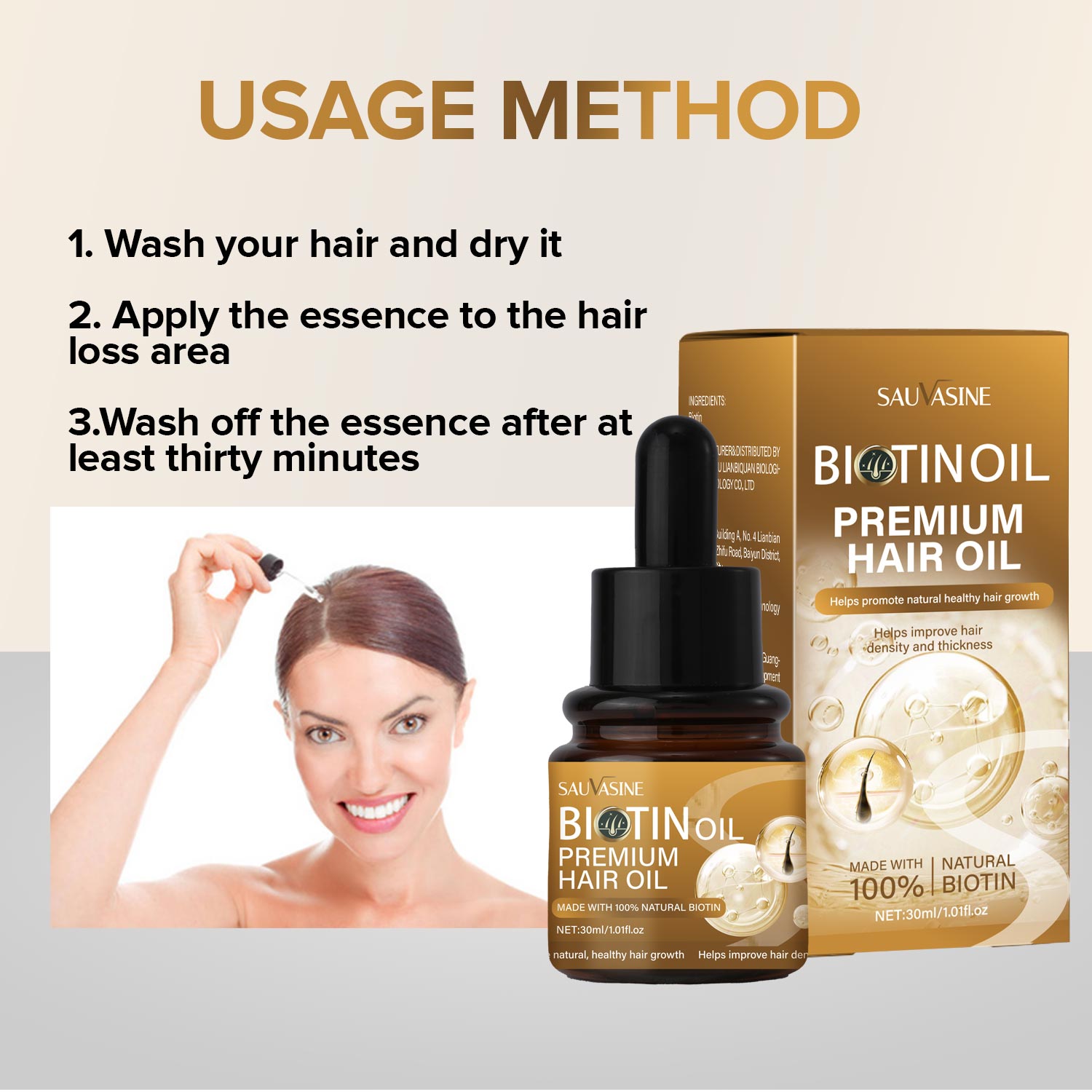 Biotin oil hair care product with usage method instructions and a woman applying it.