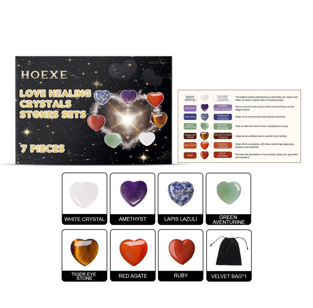 HOEXE love healing crystals stones set with packaging and crystal types displayed.