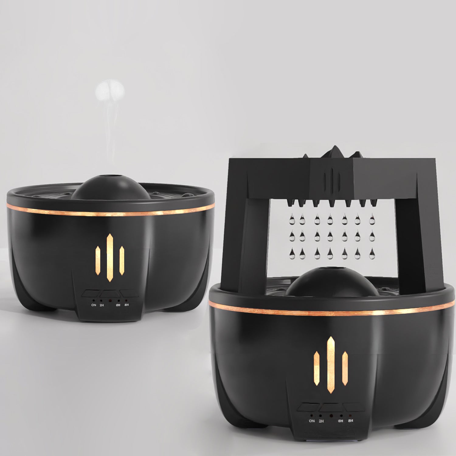 Two black humidifiers with gold accents on a light gray background