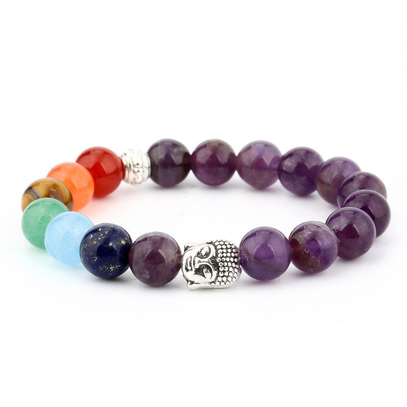 Multicolored beaded bracelet with a Buddha charm on a white background