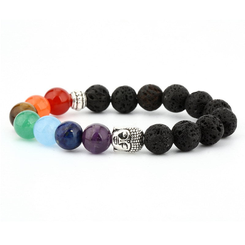 Multicolored beaded bracelet with a Buddha charm on a white background