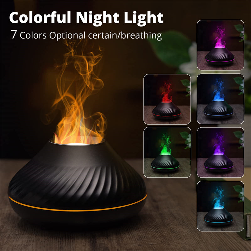 Colorful night light with flame effect and multiple color options on a dark background