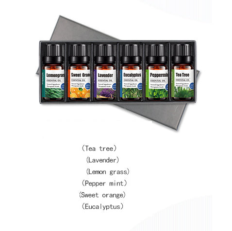 Set of essential oil bottles in a box with labels on a white background