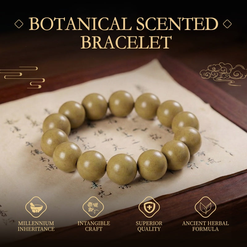 Botanical scented bracelet on a wooden surface with text highlighting features.