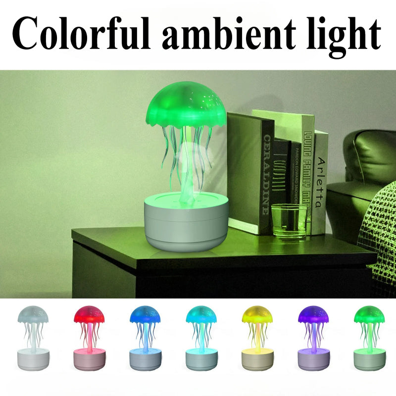 Jellyfish-shaped lamp emitting colorful ambient light on a table with books and a glass.