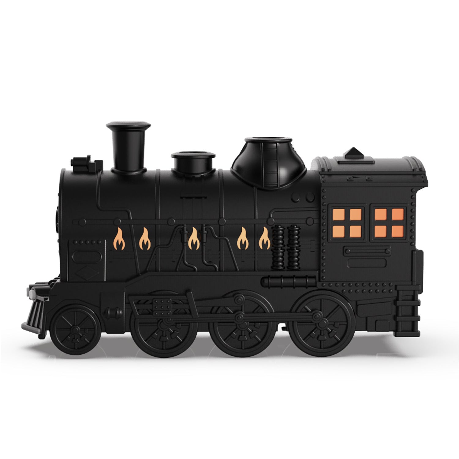 Black toy train engine on a white background