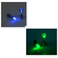 Blue and green LED earrings on a dark background