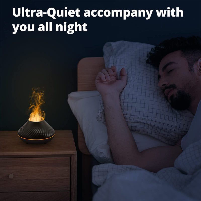 Person sleeping with a diffuser on a nightstand, text 'Ultra-Quiet accompany with you all night'.