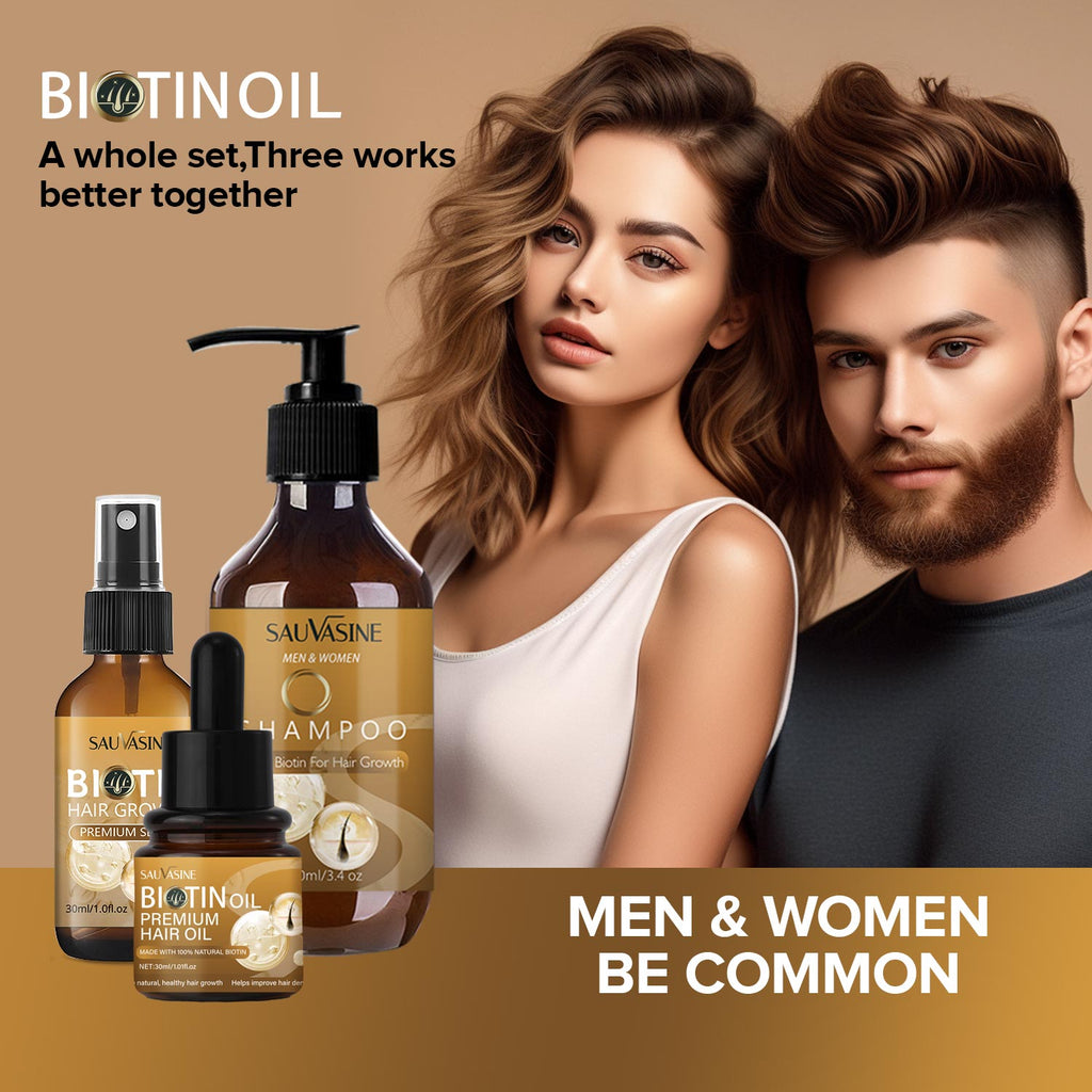 Biotin oil products with a man and woman in the background on a brown background