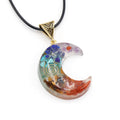 Colorful crescent-shaped pendant with spiral design on a white background