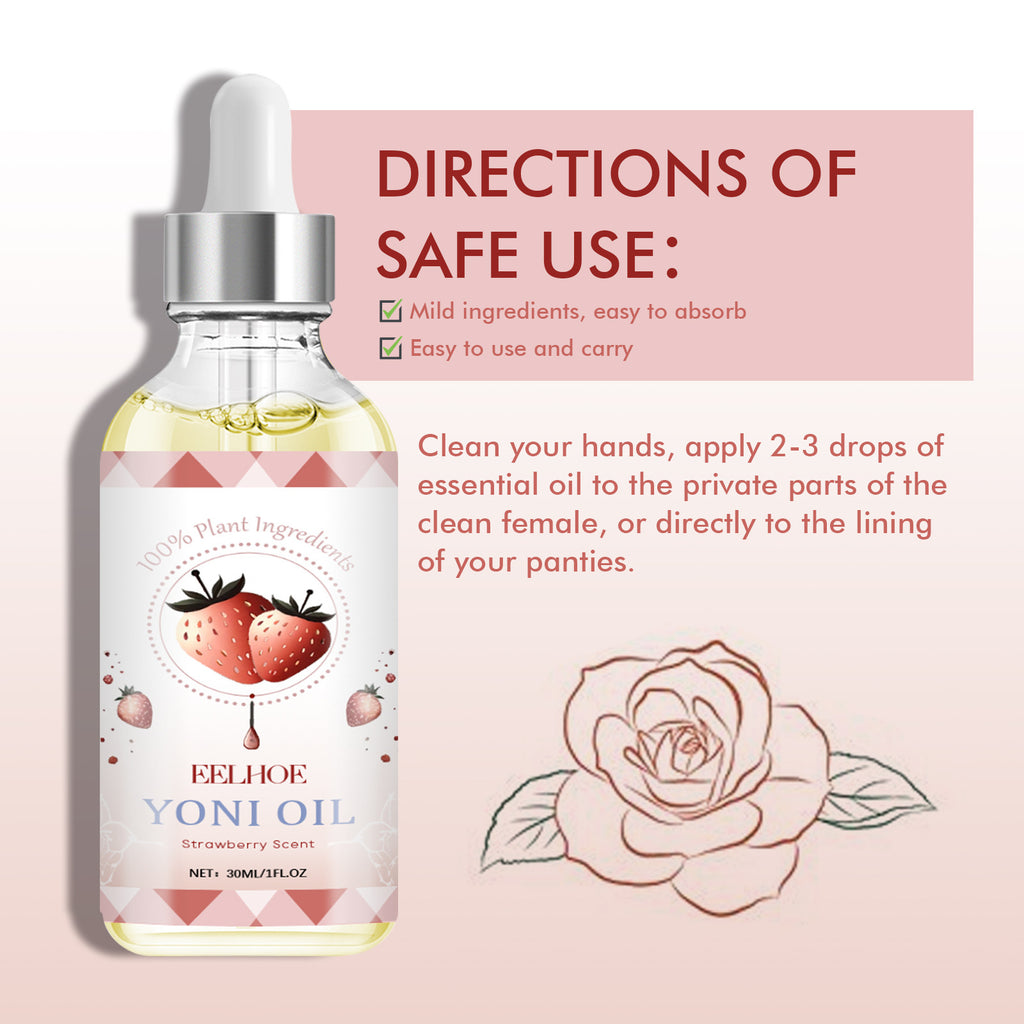 Yoni oil dropper bottle with strawberry flavor on a pink background, featuring safe use instructions.