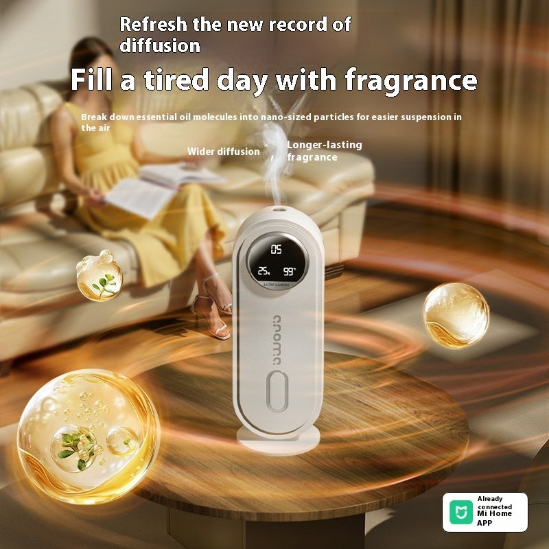 Diffuser on a table with a woman reading in the background, promoting fragrance and essential oils.