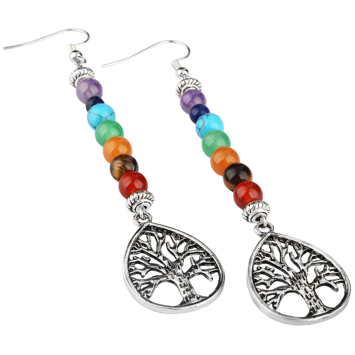 Colorful beaded earrings with tree of life designs on a white background