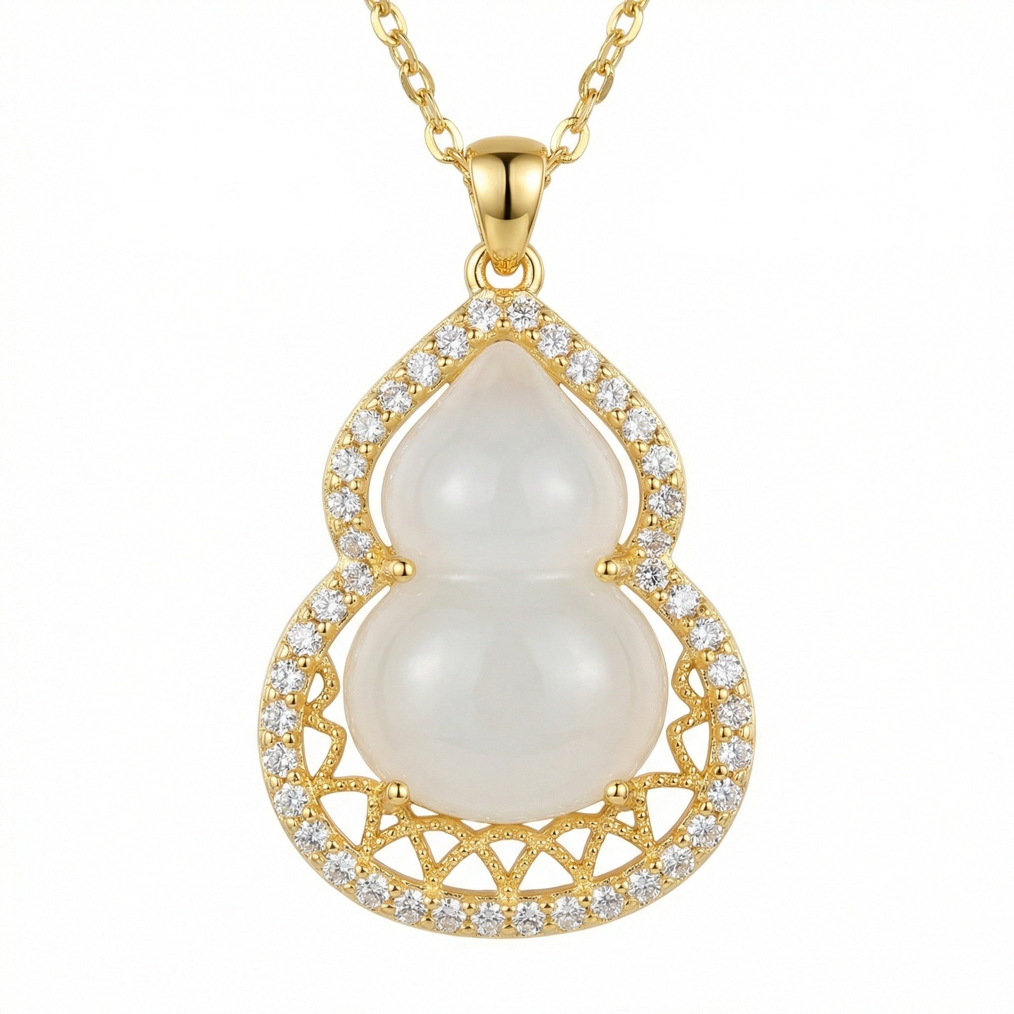 Gold necklace with a pearl pendant on a white background