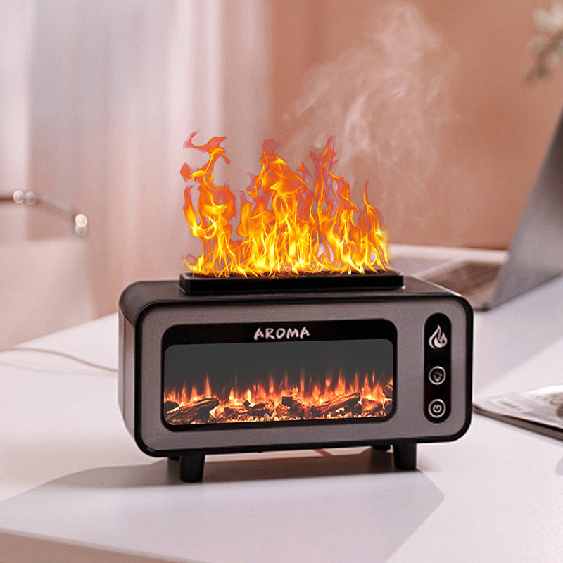 Portable fireplace with flame effect on a table