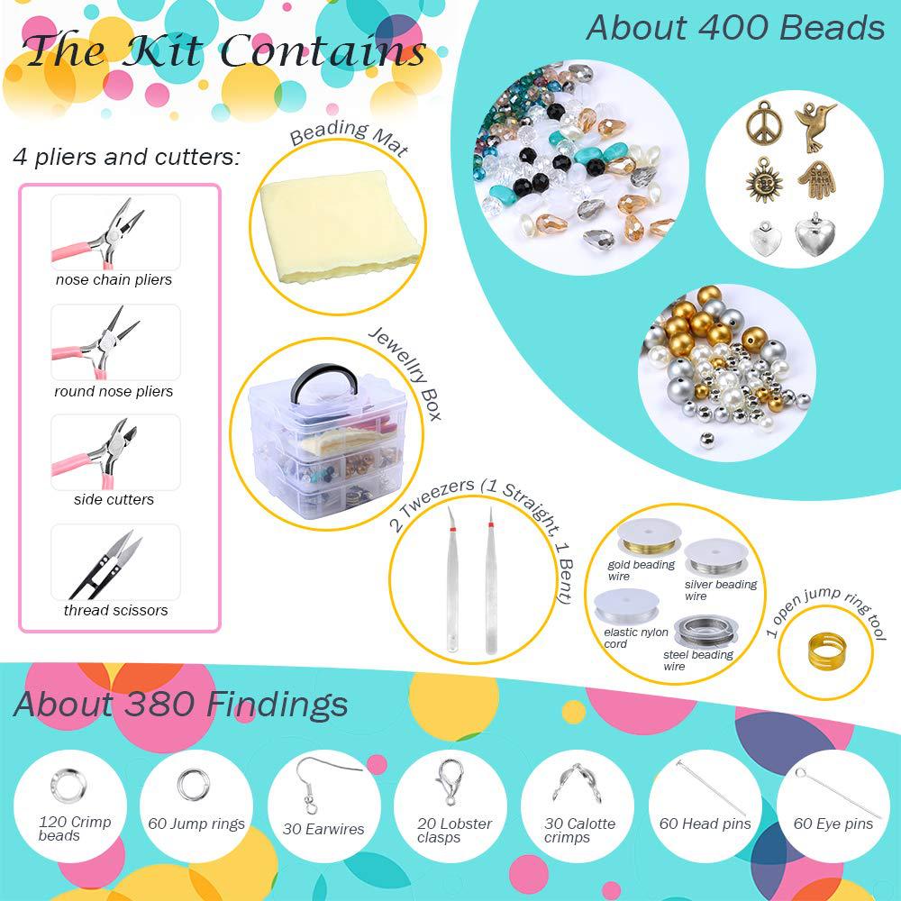 Jewelry-making kit with tools and materials on a colorful background