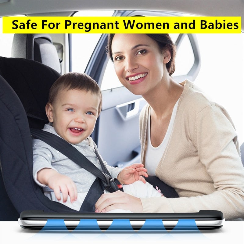 Woman and child in a car seat with text 'Safe For Pregnant Women and Babies' above.