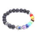 Bracelet with gray beads and colorful chakra beads on a white background
