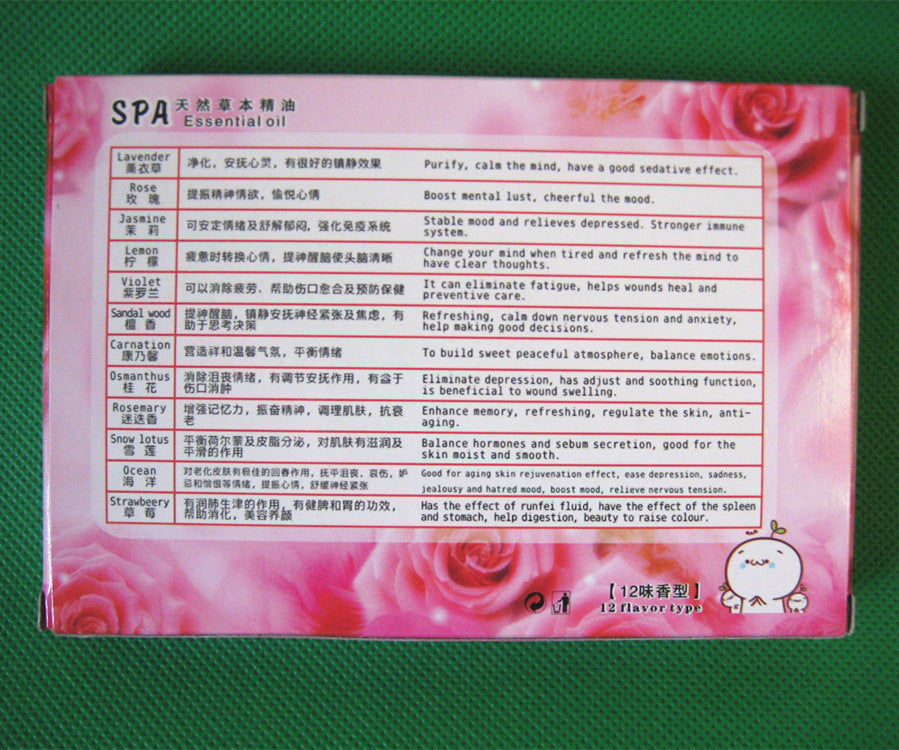 SPA essential oil packaging with text and floral design