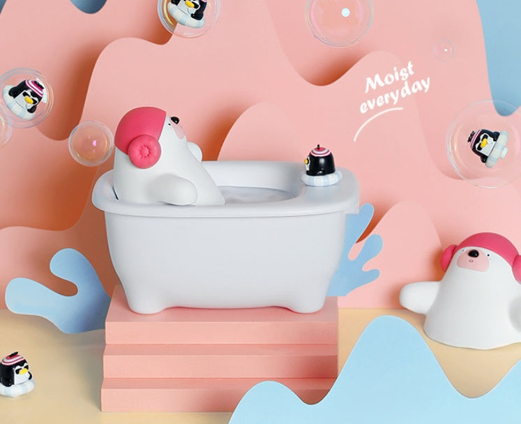 Cartoon character with a pink hat in a bathtub on a colorful background