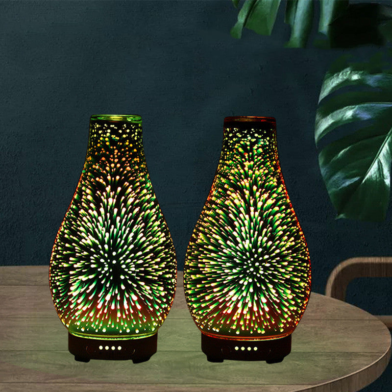 Two decorative lamps with a fireworks pattern on a wooden surface against a dark background.