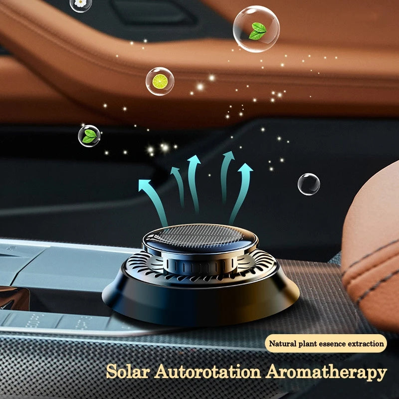 Car air freshener with solar panel and natural plant essence extraction on a car dashboard.