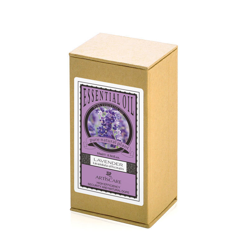 Box of Artisacare lavender essential oil on a white background