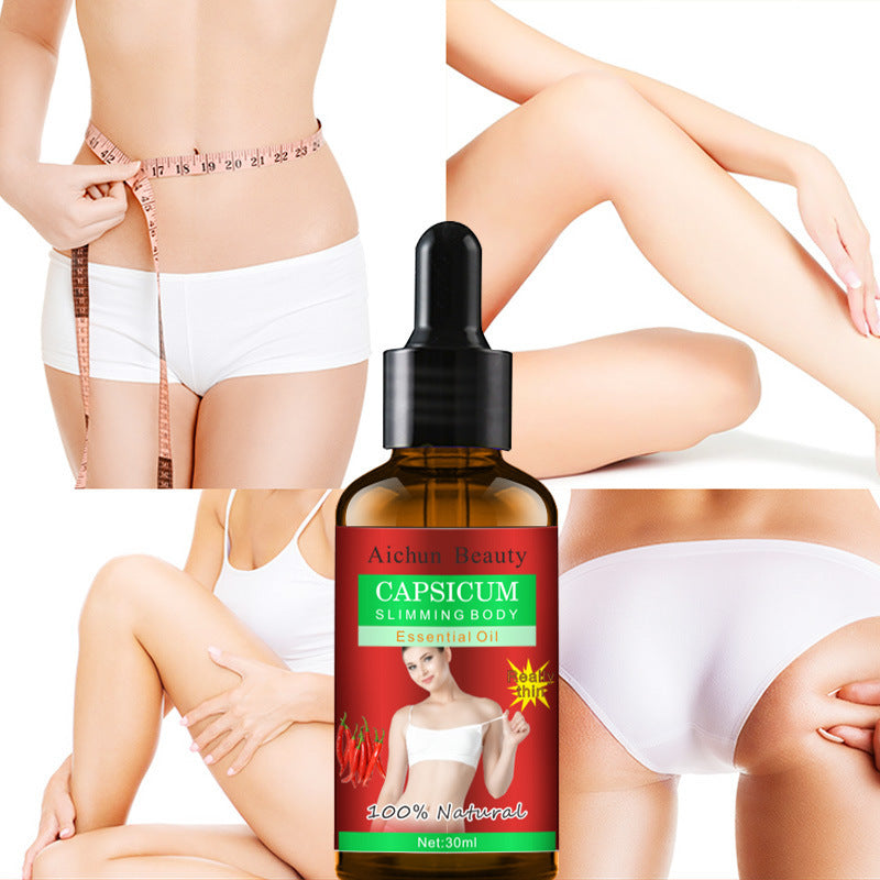Bottle of Aichun Beauty Capsicum Slimming Body Essential Oil with images of a person measuring their waist and legs.