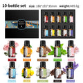 Set of 10 Hankey essential oil bottles with labels and images of flowers and plants on a white background.