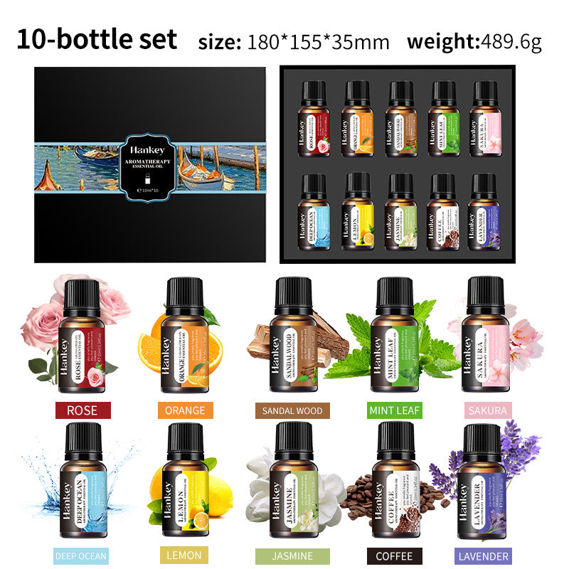 Set of 10 Hankey essential oil bottles with labels and images of flowers and plants on a white background.
