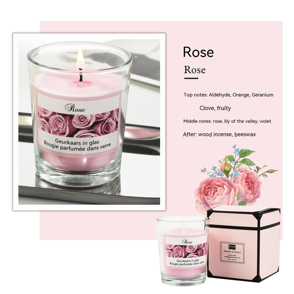 Rose-scented candle with packaging and fragrance details on a pink background