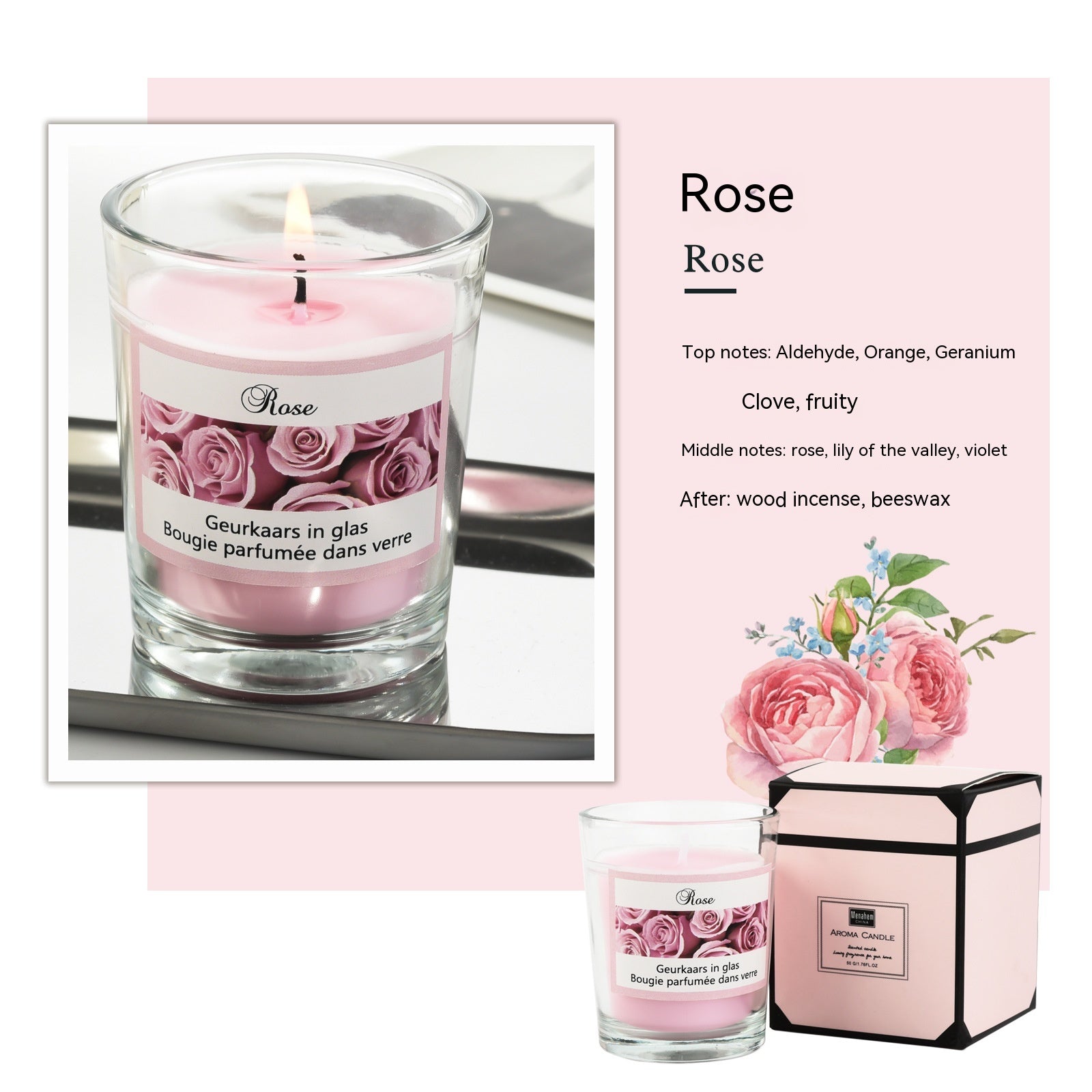 Rose-scented candle with packaging and fragrance details on a pink background